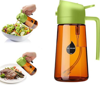 2 in 1 Oil Sprayer for Cooking, Olive Oil Dispenser Bottle for Kitchen Spray and Pour, 16oz/470ml Light-Blocking Dark Amber Glass Brown Bottle, Food-Grade Oil Mister for Air Fryer Green Cap