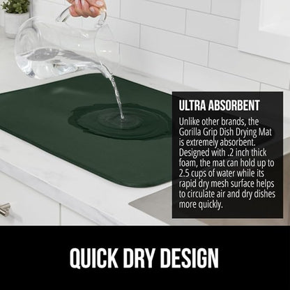 GORILLA GRIP Ultra Water Absorbent Microfiber Dish Drying Mat, Quick Dry Thick Mesh, Slip Resistant Pad for Sink Dishes or Under Rack, Kitchen Counter Accessories, Machine Wash, 18x16, Hunter Green