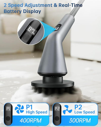 VICNOVA Electric Spin Scrubber, IPX7 Waterproof 2-Speed, Extendable Long Handle Cordless Cleaning Brush with 7 Replacement Brush Heads for Bathroom Shower Bathtub Glass Tub Tile Floor Car