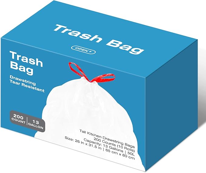 KdbK 13.2 Gallon Tall Kitchen Drawstring Trash Bags, 200 Count Pre-separated Garbage Bags, Unscented, Leak Proof, Waste Bag for Kitchen, Office, Home