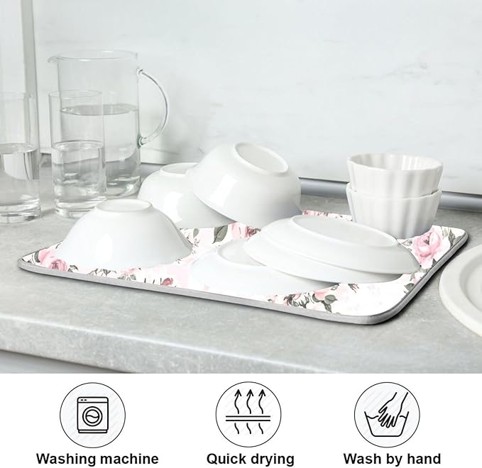 Floral Pink Roses Bouquets Dish Drying Mat for Kitchen Counter Absorbent Microfiber Drying Pad, Medium 16x18 in