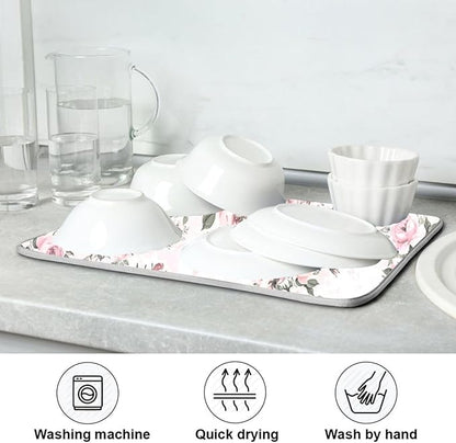 Floral Pink Roses Bouquets Dish Drying Mat for Kitchen Counter Absorbent Microfiber Drying Pad, Medium 16x18 in