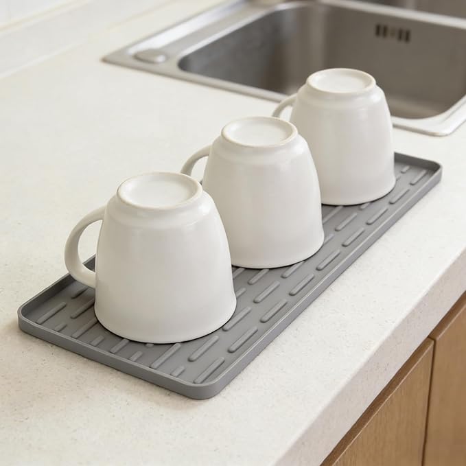 Silicone Coffee Mat, 16"X7" Heat-Resistant,Eco-friendly,Hygienic Drying Pad,Leak-Proof and Non-Slip,Removable Silicone Mat with Concave and Convex Design,（Gray 16X7）