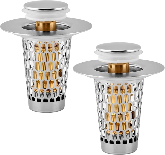 2Pack Bathroom Sink Stopper, Universal Drain Filter for Stainless Steel Floor Drain Filter, Universal Bathroom Sink Drains Pop-up Stopper with Filter Basket Hair Strainer(Color:Silver)