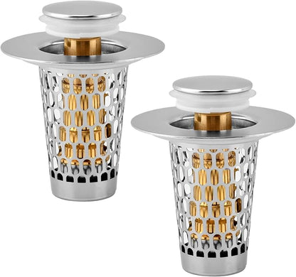 2Pack Bathroom Sink Stopper, Universal Drain Filter for Stainless Steel Floor Drain Filter, Universal Bathroom Sink Drains Pop-up Stopper with Filter Basket Hair Strainer(Color:Silver)