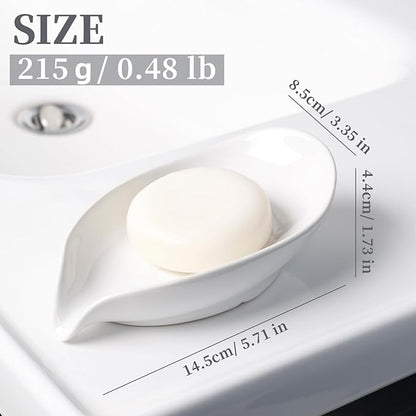 Soap Holder, Self-Draining Soap Dish, White Leaf Shape Ceramic Bar Soap Holder Drain Soap Dishes for Bathroom Sink Kitchen, Easy to Clean Keeps Soap Dry, ANTIS'S HOME