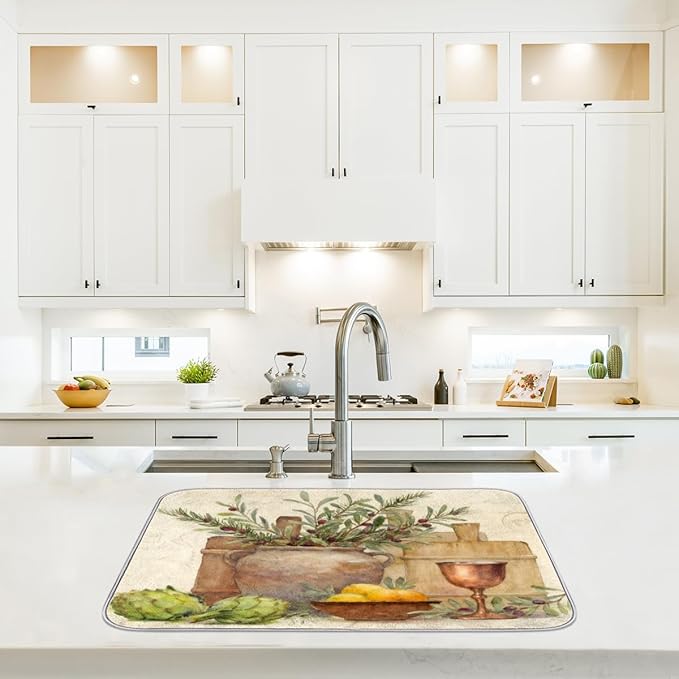 Dish Drying Mats with Hanging Loop for Kitchen Counter - Super Absorbent & Microfiber Sink Dry Mat with Country Wine Paisley Floral, Non-Slip Backing, Dishes, Sink, Countertop Protection 18"x24"