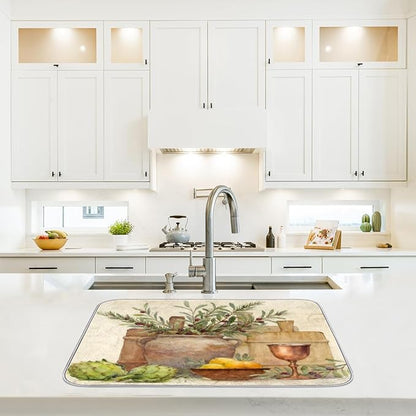 Dish Drying Mats with Hanging Loop for Kitchen Counter - Super Absorbent & Microfiber Sink Dry Mat with Country Wine Paisley Floral, Non-Slip Backing, Dishes, Sink, Countertop Protection 18"x24"