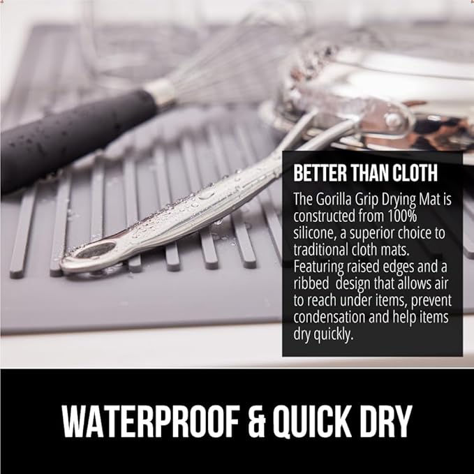 GORILLA GRIP 100% BPA-Free Patented Silicone Dish Drying Mat for Kitchen Counter, Water Catching Ribbed Design, Easy Clean Waterproof Sink Liner, Heat Resistant, Fits Under Rack, 12x16 Inch, Gray