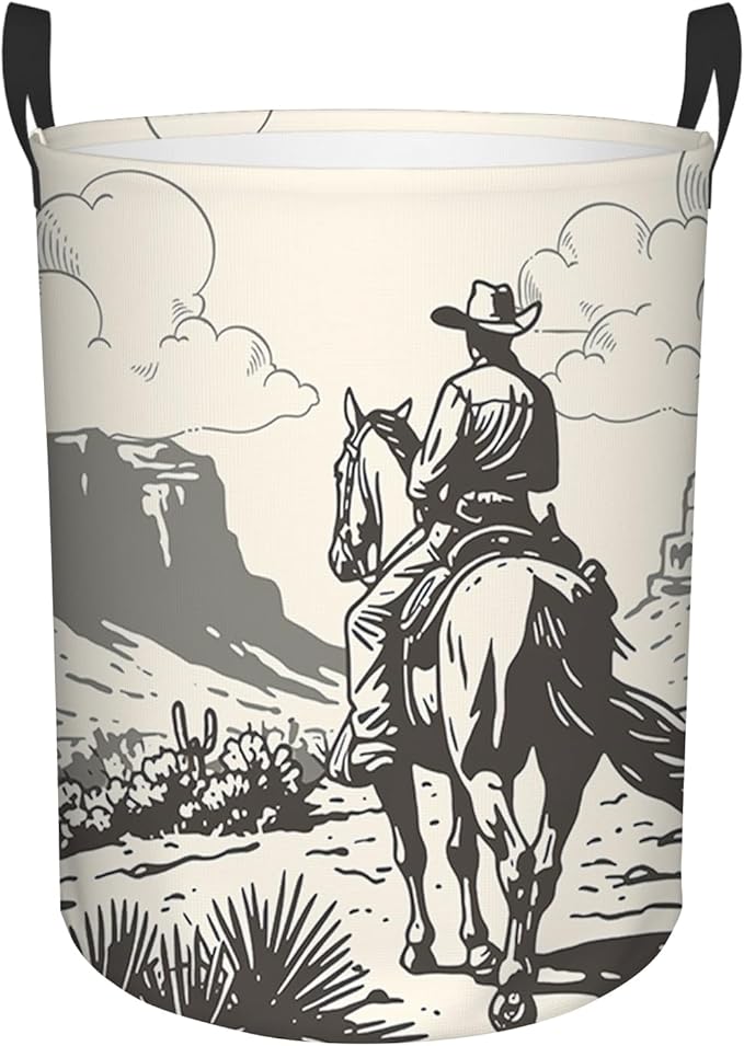 Western Cowboy Laundry Basket, Round Oxford Cloth Laundry Hamper, Waterproof Collapsible Storage Organizer Bin with Handles for Room, Nursery Home Storage, Gift for Chritsmas Thanksgiving 13.8x17.7in