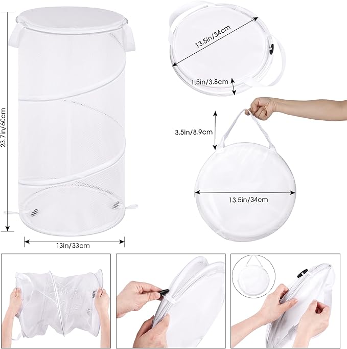 BATTOO Collapsible Laundry Basket with Lid Foldable Mesh Pop Up Hamper with Handles for Laundry Room, Bathroom, Kids Room, College Dorm, Travel, Storage Organizer White