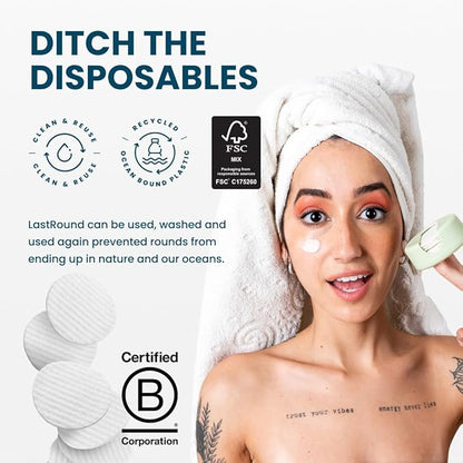 LastRound Reusable Makeup Remover Pads - 7 Washable Eco-Friendly Reusable Cotton Rounds for Face - Sustainable & Soft Cotton Face Pads for Facial Cleansing & Eye Makeup Removal - Travel Storage Case