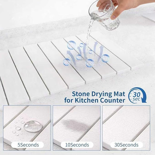 Hopegiver Stone Drying Mat for Kitchen Counter, 16" x 12" Quick Dry Diatomaceous Earth Dish Drying Mat, Super Absorbent, Non-Slip & Foldable, Modern White Countertop Mat (White,16''x12'')