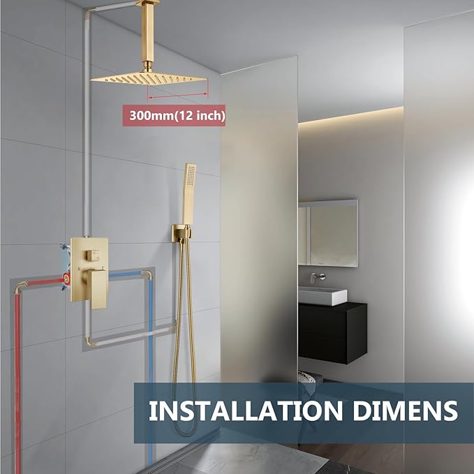 Aolemi Ceiling Mount Shower System Rain Shower Head with Handheld Spray High Pressure Shower Faucet Set Rough-in Valve Shower Trim Kit Included Bathroom Brused Gold 12 Inch Ceiling Shower Head