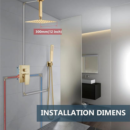 Aolemi Ceiling Mount Shower System Rain Shower Head with Handheld Spray High Pressure Shower Faucet Set Rough-in Valve Shower Trim Kit Included Bathroom Brused Gold 12 Inch Ceiling Shower Head