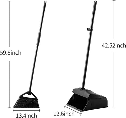 Eyliden Commercial Angle Broom and Dustpan Combo, with Long Handle and Lid, Lobby Dust Pan Sweep Set for Outdoor Garages Courtyard Sidewalks Decks Indoor Home Kitchen Room Office (Black Broom+Dustpan)