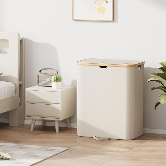 160L Double Laundry Hamper with Lid, Dirty Clothes Hamper with 2 Removable Bags, Beige Laundry Hamper 2 section with Bamboo Handles Easy to Carry for Bedroom, Bathroom, Dorm, College
