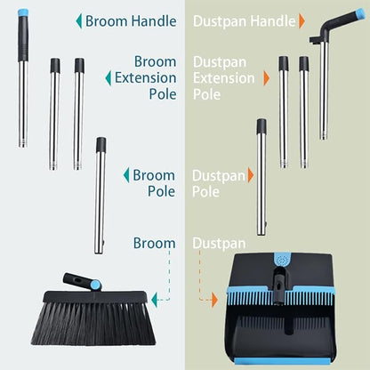 Broom and Dustpan Set for Home, Long Handle Dust Pan and Broom Combo for Indoor Outdoor Heavy Duty Dustpan Set for Kitchen Lobby Office Upright Standing Dustpan with Teeth (Deep Blue)