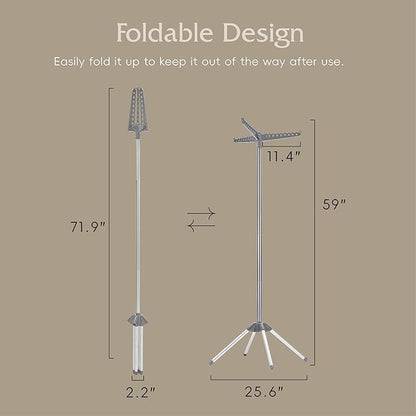 Beaudaily Clothes Drying Rack, Foldable Laundry Drying Rack, Indoor 59-Inch Drying Rack Clothing with 3 Rotatable Arms, Stainless Steel, Holds 27 Pieces, Space Saving, Portable, Grey and Silver