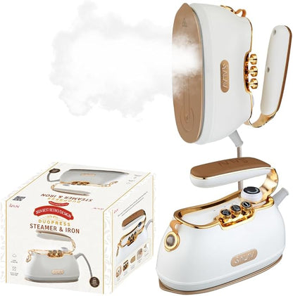 SALAV® Retro Edition Duopress Handheld Garment Steamer and Iron, Ceramic Plate, 1000 watts of Steam, Removes Wrinkles on Clothes, Vintage Style No Drip Steam, Pearl