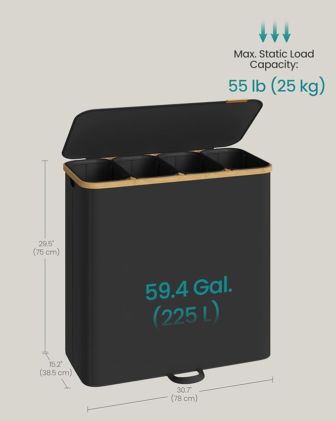 SONGMICS Laundry Hamper, Laundry Sorter with Lid, Storage Basket Bin, Removable Liners, Bamboo Frame, for Bedroom, 4 Sections, 59.4 Gallon (225 L), Ink Black ULCB534BH01