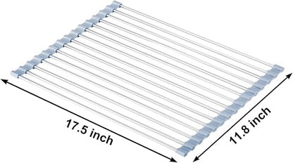 MECHEER Over The Sink Dish Drying Rack, Roll Up Dish Drying Rack Kitchen Dish Rack Stainless Steel Sink Drying Rack, Foldable Dish Drainer, 17.5''x11.8''