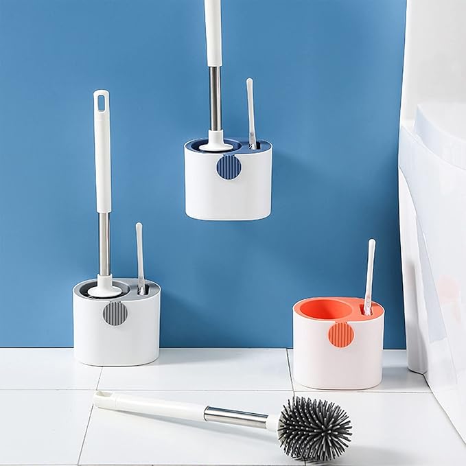 Silicone Toilet Brush and Holder Set, Deep Cleaning Floor Standing & Wall Mounted Toilet Bowl Brush for Bathroom, Toilet Brush Flexible Bristles, Compact Size for Storage and Organization (Orange)
