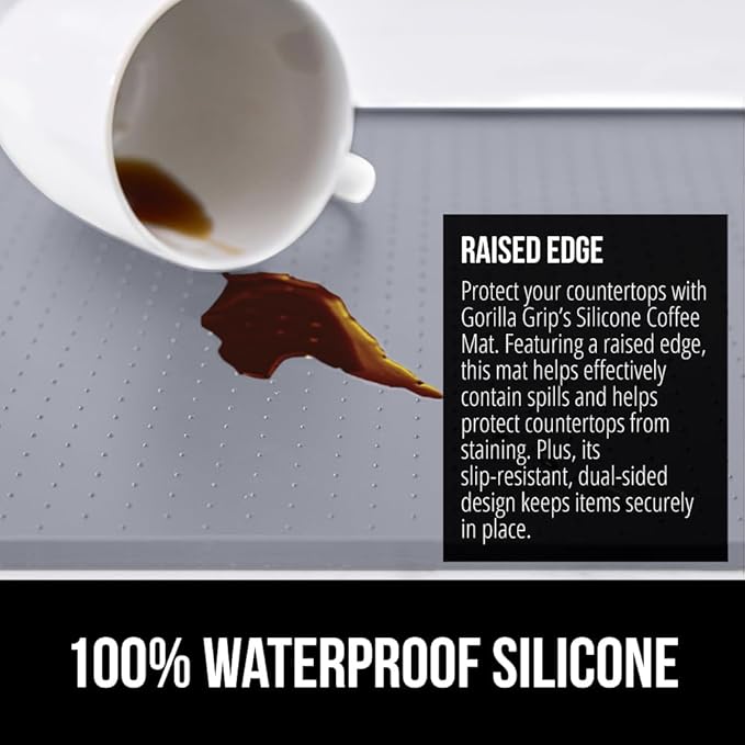 GORILLA GRIP Silicone Coffee Mat, 18x28, Espresso Machine Bar Accessories, Keep Kitchen Counters Clean, Stays in Place, Waterproof and Heat Resistant Dish Drying Mats, Home Decor Essentials, Gray