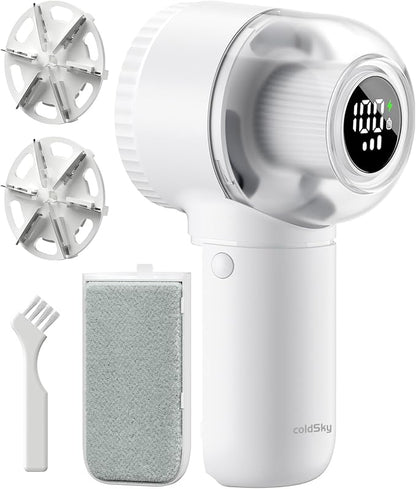 Fabric Shaver, 𝟮 𝗶𝗻 𝟭 Rechargeable Lint Remover with Brush, Large Sweater Shaver with Digital Display, 3 Speeds Lint Shaver, 6-Leaf Blades Lint Remover for Clothes, Sofa, Bedding, White