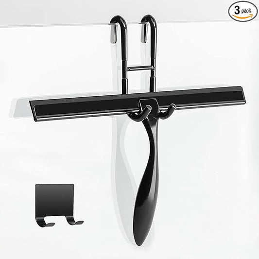 Simtive 12-Inch Shower Squeegee Set, Includes Shower Door Hook and Adhesive Hook, Squeegee for Shower Doors, Mirror and Window, Black
