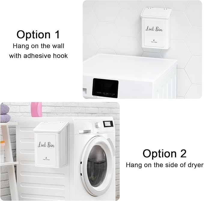 SUBEKYU Magnetic Lint Bin for Laundry Room, Wall Mounted Metal Lint Box Holder Trash Can with Lid for Dryer,Lint Basket for Laundry Room Organization,White