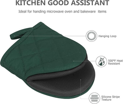 Short Oven Mitts, Heat Resistant 500°F, Silicone Grip Kitchen Gloves, Non-Slip for Baking, Grilling, BBQ, Machine Washable with Hanging Loop, 2-Pack Set, Army Green