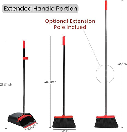 TreeLen Dust Pan and Broom/Dustpan Cleans Broom Combo with 52" Long Handle for Home Kitchen Room Office Lobby Floor Use Upright Stand Up Broom and Dustpan Set - Black/Red