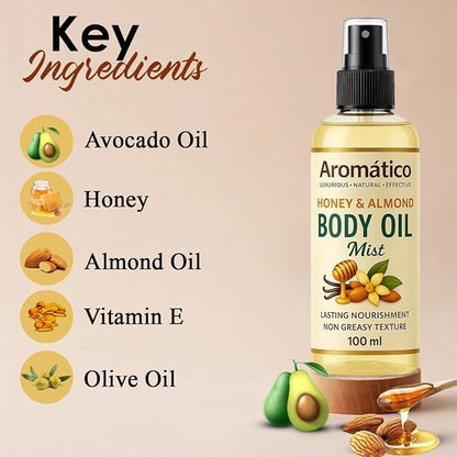 Aromatico Honey & Almond Body Oil Mist for Women | Lightweight, Non-Sticky, Spray-on formula for Daily use After Shower | Moisturized, Soft, Glowing Skin | Cozy, Creamy Vanilla Scent - 4 Fl Oz