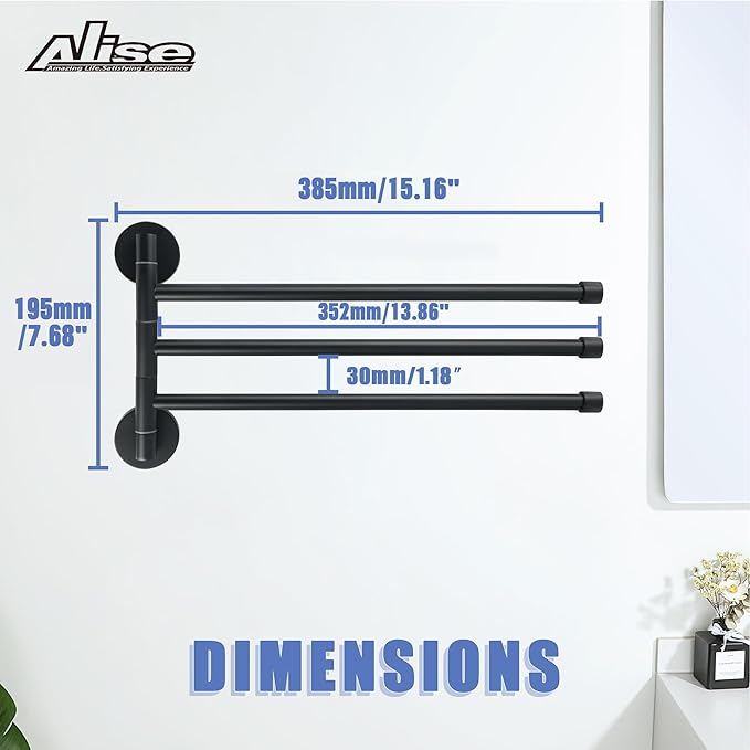 Alise Swivel Towel Rack,Folding 3 Arms Hand Towel Bars Towel Hanger for Bathroom,Wall Mount Drying Racks for Laundry,SUS304 Stainless Steel Swing Out Towel Holder Storage Space Saving,Matte Black