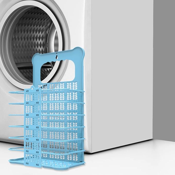 Folding Laundry Hamper Small Blue Plastic Wall Hanging Dirty Clothes Basket Collapsible Storage Organizer for Laundry Room and Bedroom