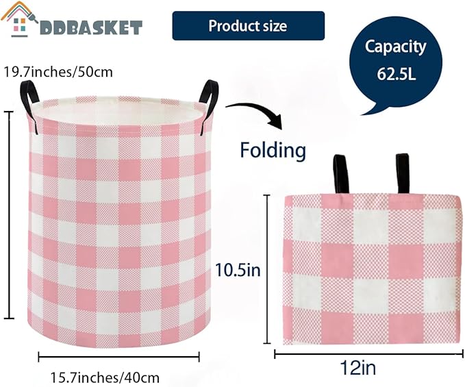 Kids Laundry Basket Pink Hamper for Nursery Girls Hamper Cute Kids Storage Bin Organizer Room Decor for Home(Pink Grid)