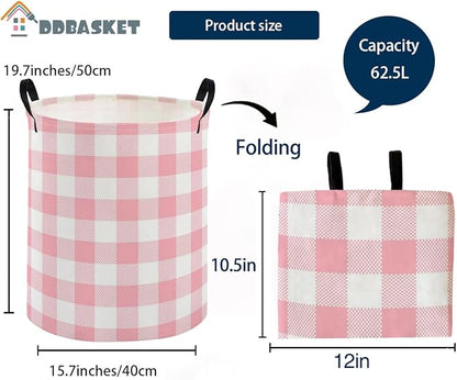 Kids Laundry Basket Pink Hamper for Nursery Girls Hamper Cute Kids Storage Bin Organizer Room Decor for Home(Pink Grid)
