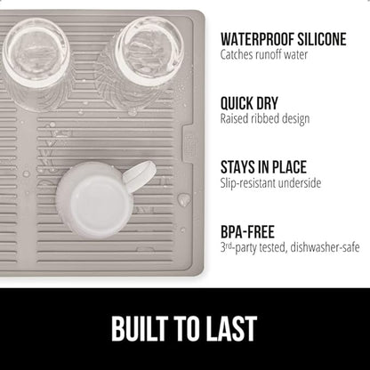 GORILLA GRIP 100% BPA-Free Patented Silicone Dish Drying Mat for Kitchen Counter, Water Catching Ribbed Design, Easy Clean Waterproof Sink Liner, Heat Resistant, Fits Under Rack, 12x16 Inch, Almond