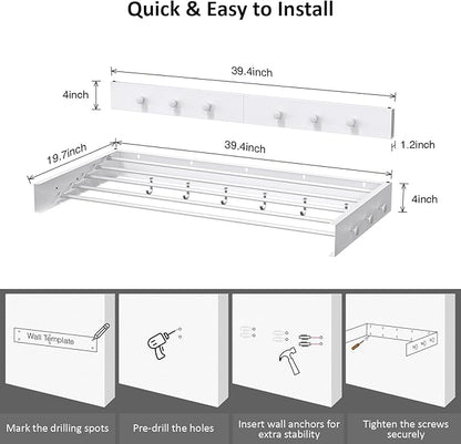 Drying Rack Clothing,Clothes Drying Rack Wall Mounted,Laundry Drying Rack Wall Mount,Foldable,Collapsible,60 lb Capacity 5 Aluminium Poles with 6 Hooks,Space Saving Clothes Drying Rack,White 40"