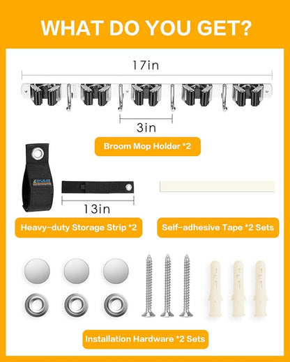 2 Pack Broom Holder Wall Mount with 13" Heavy-duty Storage Strap Kit - 5 Slots & 4 Hooks Broom Mop Holder, Heavy Duty, Stainless Steel, for Laundry Room Garage Closet Organization
