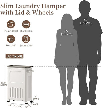 HAIXIN HOME Slim Laundry Hamper with Lid, 50L Plastic Tall Laundry Basket with Wheels, Compact Size for Narrow Space, Rolling Laundry Cart with Handle for Easy Transport to Laundry Room