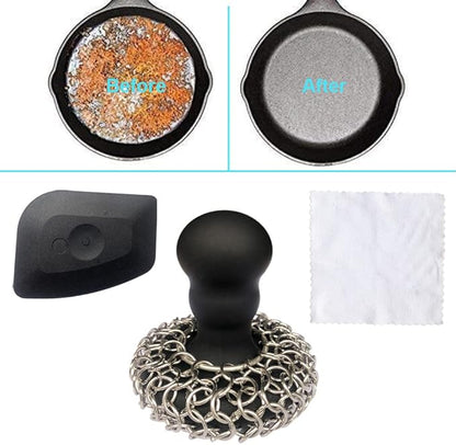 316 Upgraded Chainmail Scrubber with Silicone Handle Cast Iron Cleaner for Cast Iron Grill Pan Skillet Wok Bakeware Ergonomic to Hold Easy to Use Dishwasher Safe, Scrubber + Scraper + Towel (Black)