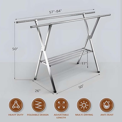 JAUREE Clothes Drying Rack 2 Tiers, Heavy Duty Drying Rack Clothing Folding Indoor Outdoor, Stainless Steel Laundry Drying Rack, Foldable Garment Rack with 20 Windproof Hooks (84 Inches)