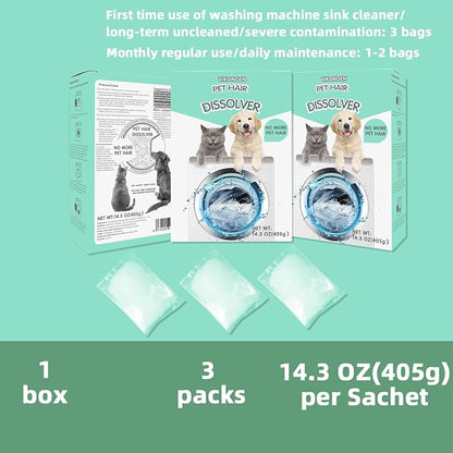 Upgarded Pet Hair Dissolver Pro Washing Machine Cleaner Powder, Deep Cleaning Pet Bedding, Deep Cleaning Washing Machine, 3 Sachets, 405g, Dog Cat Hair | Stain | Odors Remover for Laundry, No More Fur