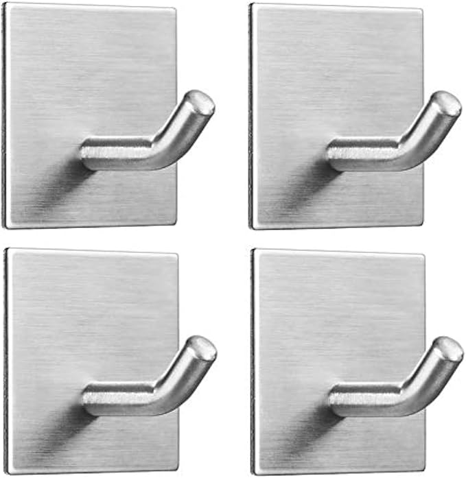 FOMANSH Heavy Duty Adhesive Hooks, Stick on Wall Adhesive Hangers, Strong Stainless Steel Holder, Self Adhesive Hooks for Kitchen Bathroom Home Door Towel Coat Key Robe 4 Packs Silver
