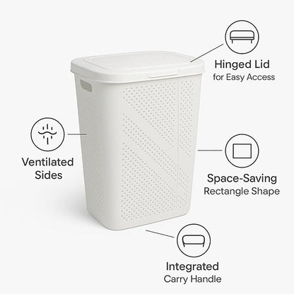 Slim Laundry Hamper with Lid, 60L Clothes Basket, Plastic laundry basket,for Home Storage Clothes Organizer, Laundry Room, College Dorm White