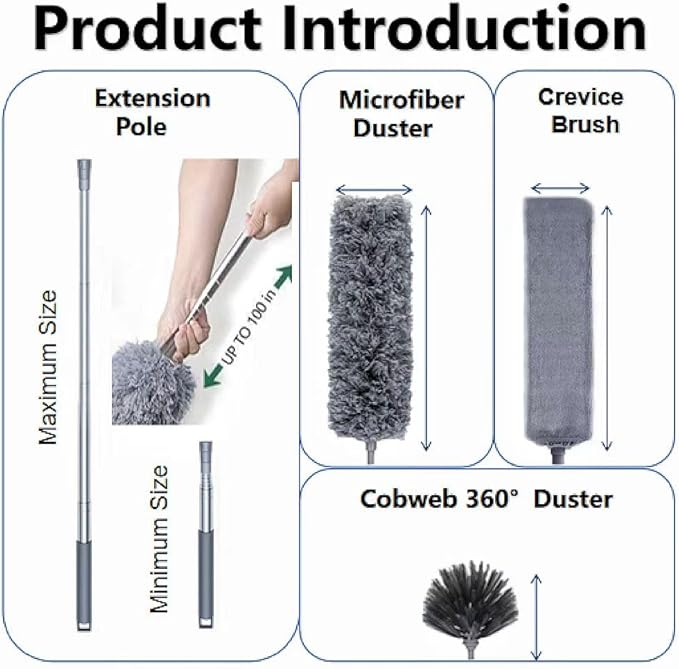 Microfiber Feather Duster 4-in-1 Kit, Dusters for Cleaning, Duster with Extension Pole 100 Inches, Cobweb Duster, Microfiber Dusters for High Ceilings and Fans, Blinds, Cars and Furniture
