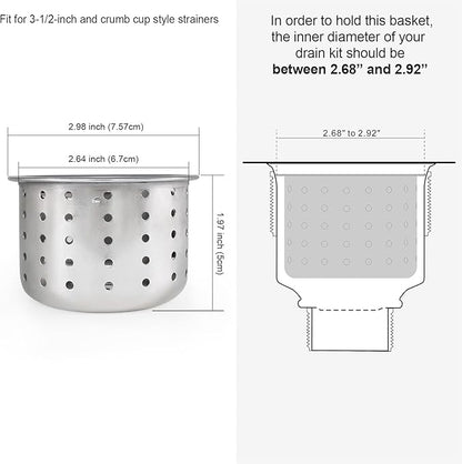 GZILA Kitchen Sink Drain Basket Only, 3-inch Basket for Kitchen Sink Strainer Replacement, Deep Cup with Handle, SUS 304 Stainless Steel