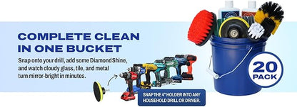 Complete Hard Water Stain Drill Cleaning Kit – 20 Piece Diamond Shine Set with Drill Brushes, Bucket & lid, Scouring Pads & Cleaner for Tile, Bathroom, Hard Water, Shower Glass & Chrome